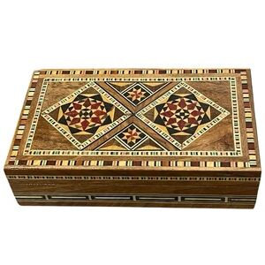 Vintage Micro Mosaic Inlay Wood Jewelry Box Hinged Intricate Red Velvet Lined
